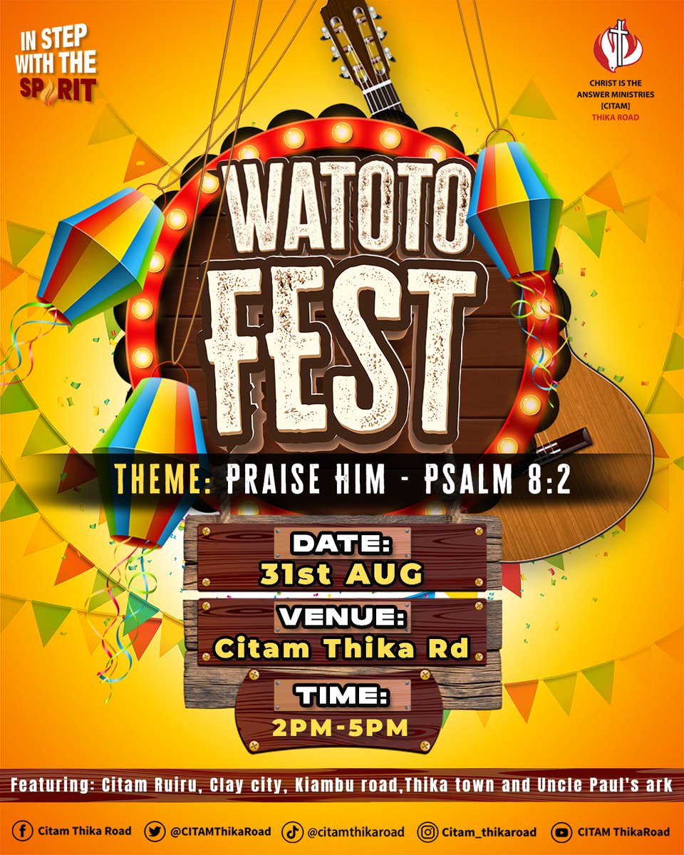 CITAMThikaRoad's tweet image. ✨🎉 It’s almost here! 🎶

Join us for WATOTO FEST 2025, Themed: Praise Him (Psalm 8:2) on 31st August from 2PM – 5PM at CITAM Thika Road

A fun-filled, God-centered celebration for all watoto. Don’t miss out—come ready to sing, dance, and praise! 💃🕺

#WatotoFest #PraiseHim