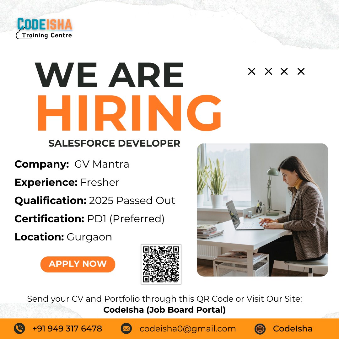 shivayadav2322's tweet image. GV Mantra is hiring for the position of Salesforce Developer. Freshers with Salesforce certification are preferred, and applicants must be 2025 graduates. 

This is a golden opportunity for freshers—don’t wait, seize it now!

#codeishaofficial #salesforcecareer #salesforce…