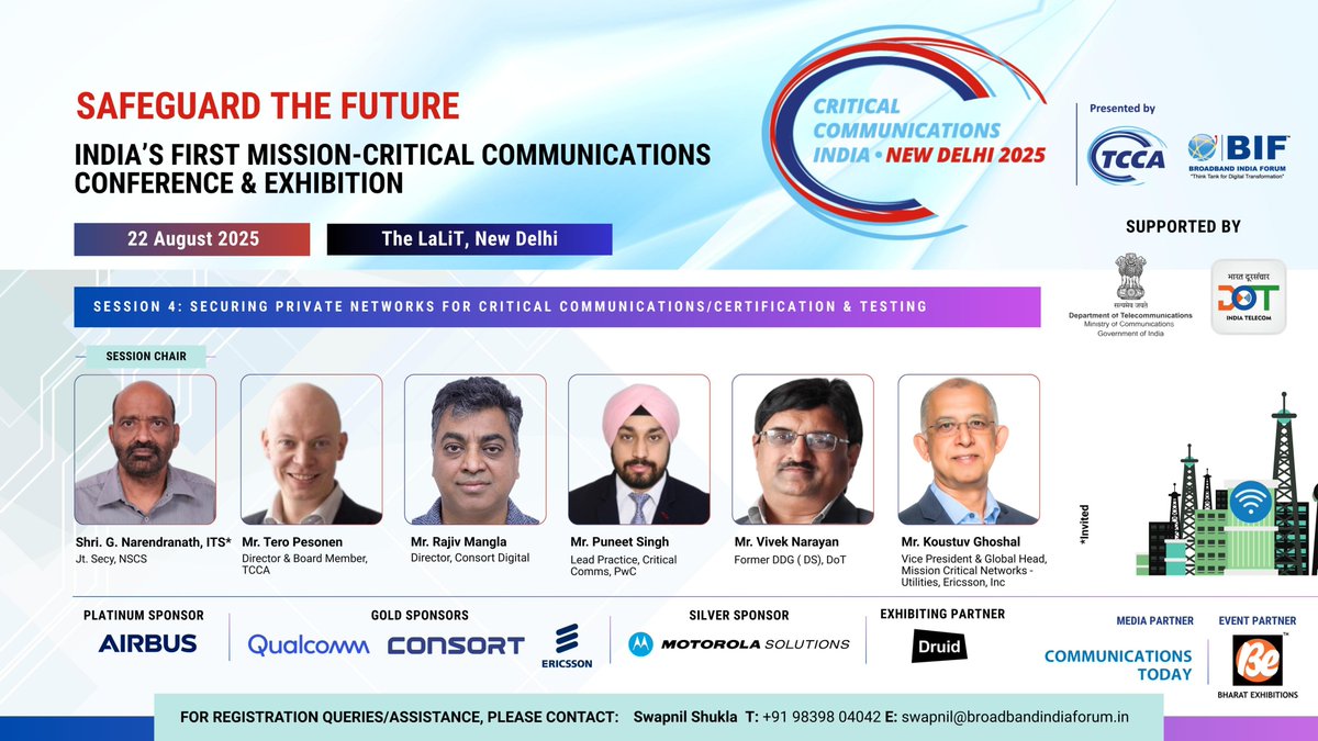 Broadband India Forum (@connectbif) on Twitter photo 4th Session at 1st #MissionCriticalCommunications Conference 2025
<a href="/CritCommsSeries/">TCCA Critical Communications World</a> <a href="/PwC_IN/">PwC India</a> <a href="/DoT_India/">DoT India</a> <a href="/ministryofhome1/">ministryofhomeaffairs</a> <a href="/EricssonIndia/">Ericsson SEA & India</a> <a href="/Airbus/">Airbus</a> <a href="/qualcomm_in/">Qualcomm India</a> <a href="/ConsortDigital/">Consort</a> @motorolasolutions <a href="/be_exhibitions/">Bharat Exhibitions</a> <a href="/comms_today/">Communications Today</a> 4th Session at 1st #MissionCriticalCommunications Conference 2025
<a href="/CritCommsSeries/">TCCA Critical Communications World</a> <a href="/PwC_IN/">PwC India</a> <a href="/DoT_India/">DoT India</a> <a href="/ministryofhome1/">ministryofhomeaffairs</a> <a href="/EricssonIndia/">Ericsson SEA & India</a> <a href="/Airbus/">Airbus</a> <a href="/qualcomm_in/">Qualcomm India</a> <a href="/ConsortDigital/">Consort</a> @motorolasolutions <a href="/be_exhibitions/">Bharat Exhibitions</a> <a href="/comms_today/">Communications Today</a>