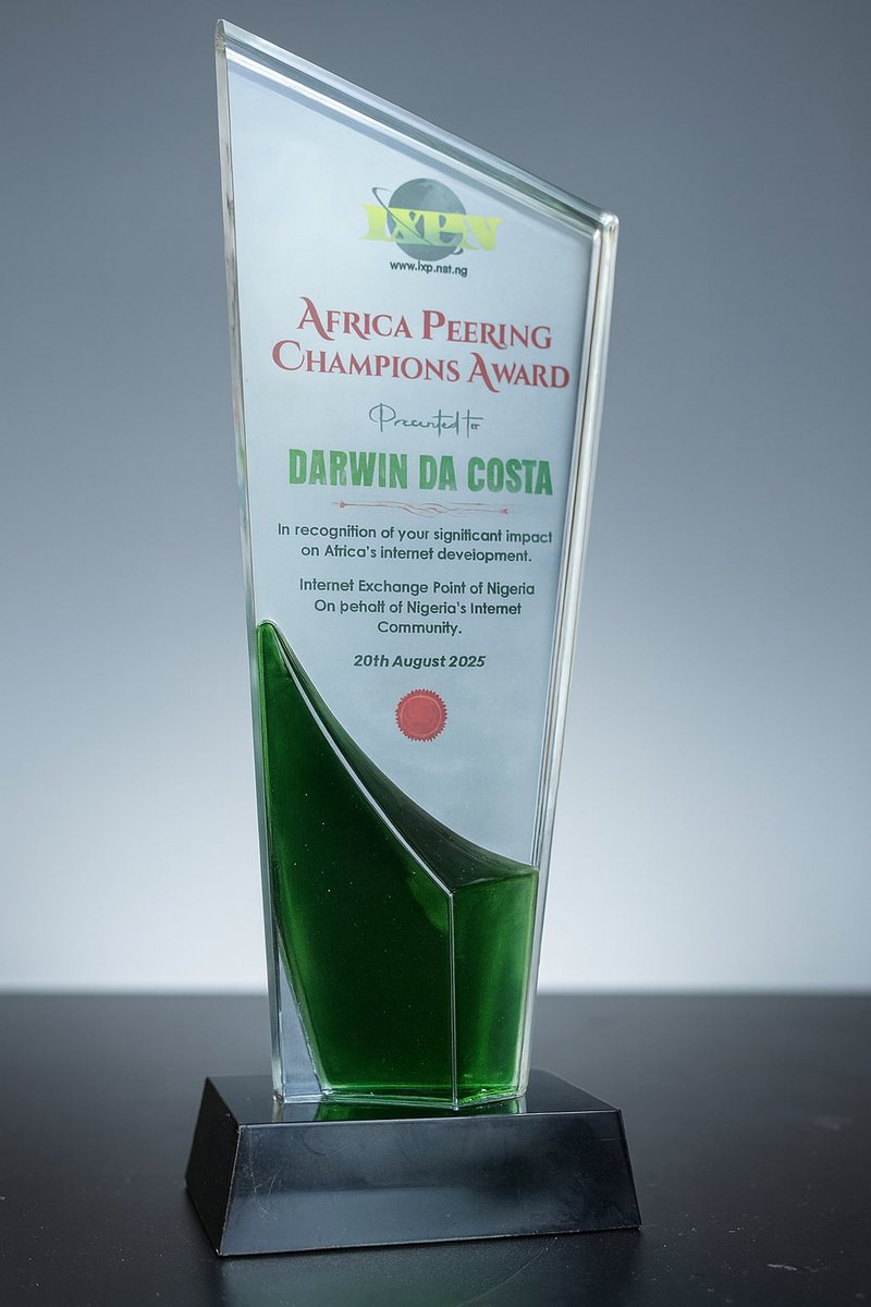 DarwinCosta1's tweet photo. While I couldn’t be at #AfPIF this year, I’m humbled to receive the Africa Peering Champions Award from IXPN and the community 🙏!
Grateful to everyone who shares the mission of building a stronger, connected Africa.
From Cape to Cairo — one mission: lighting up Africa. 🌍💡 https://t.co/DuKg9cYBup