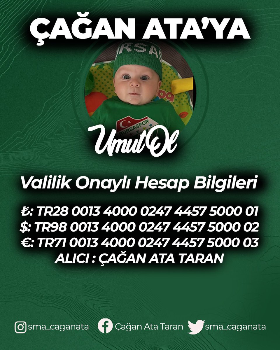💚 Çağan Ata’ya Umut Ol 💚

SMA Tip-1 hastası minik kardeşimiz Çağan Ata için valilik onaylı yardım kampanyası başlatılmıştır.
Ünitimsah olarak bizler de bu kampanyaya destek oluyoruz.

Sizleri de dayanışmaya davet ediyoruz.
Birlik olursak Çağan Ata’nın tedavisine umut