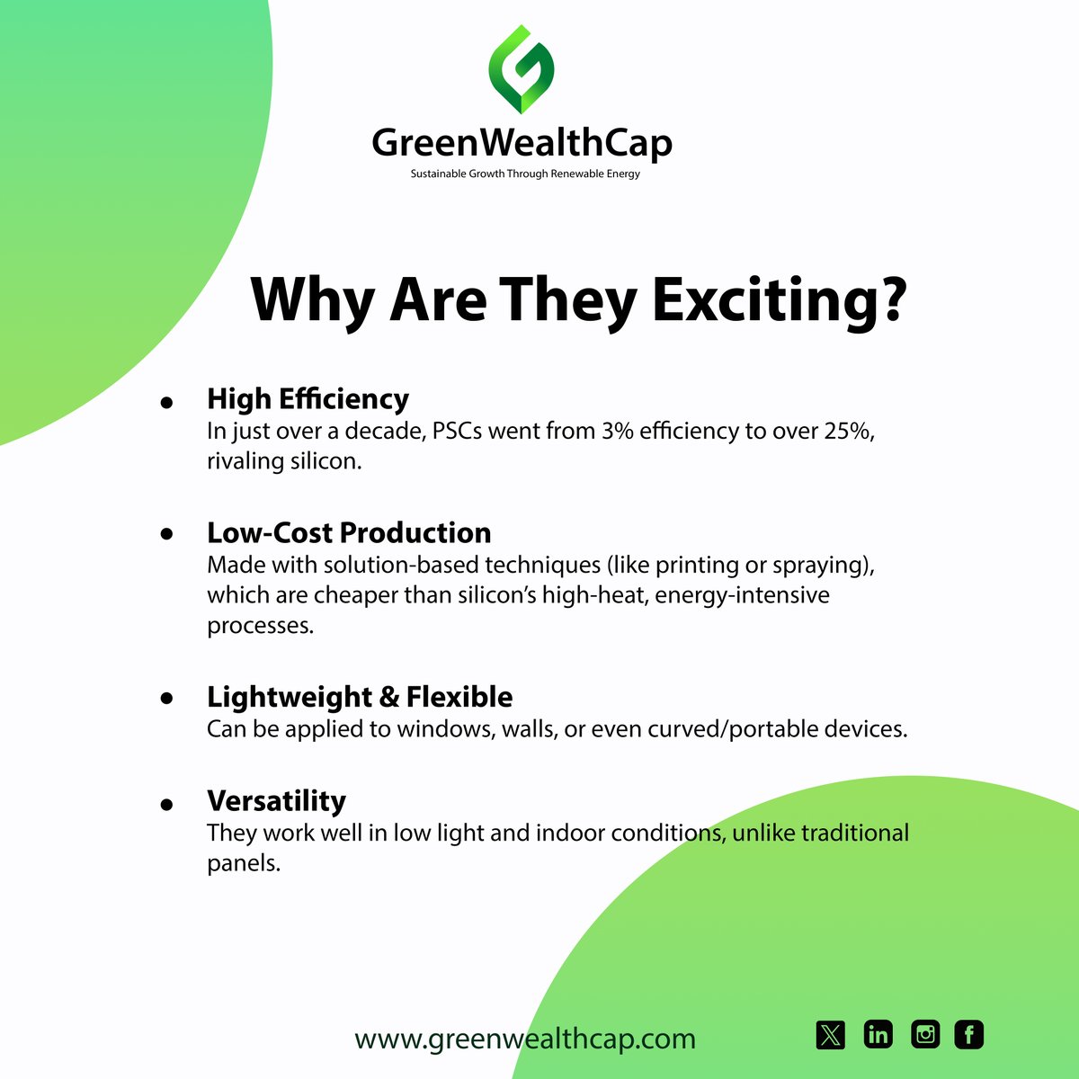 GreenWealthCap's tweet photo. Unlike traditional silicon panels, these cells are lighter, cheaper to produce, and more flexible — meaning they could be applied to rooftops, windows, or even clothing.
With efficiency already rivaling silicon and huge potential for the future.
#GreenWealthCap #PerovskiteSolar https://t.co/fqD8bMolsF