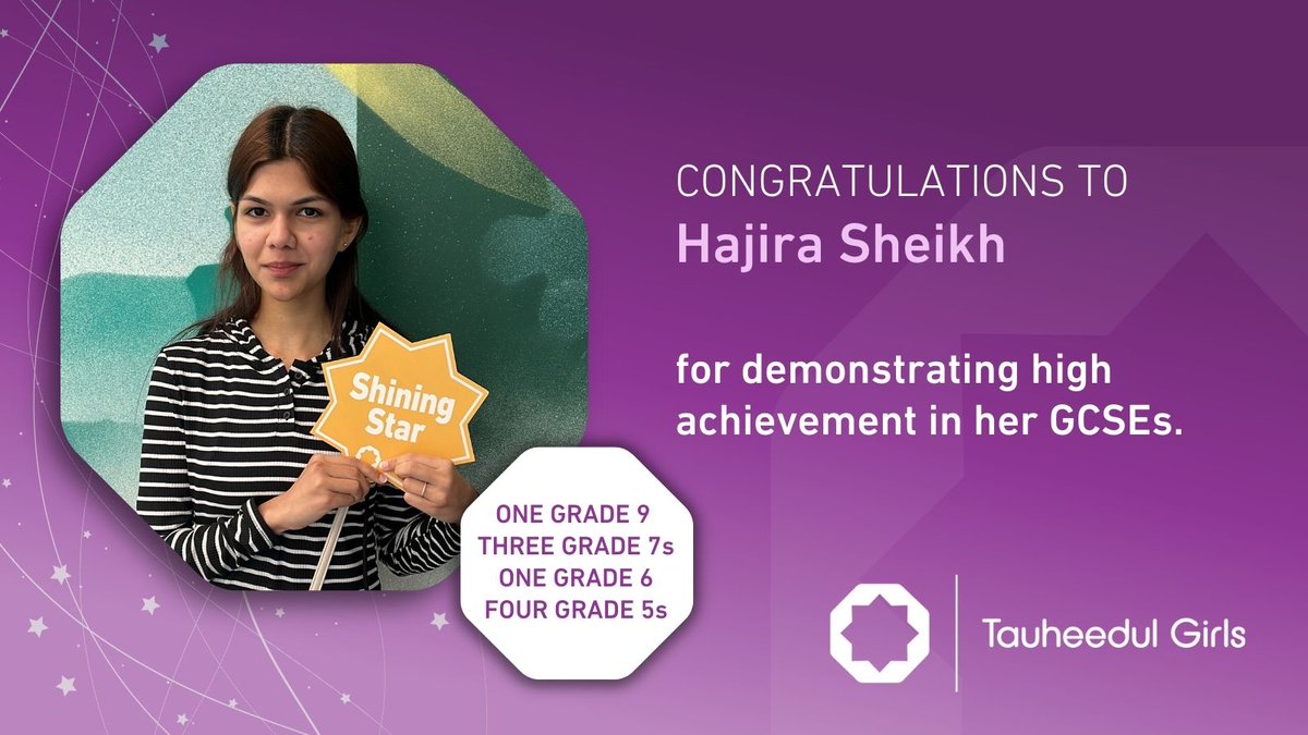 TauheedulGirls's tweet image. Congratulations to Hajira…achieving one Grade 9, three Grade 7s, one Grade 6 and four Grade 5s!
#tauheedul #GCSEs #GCSEResultsDay #ResultsDay #WeAreStar @StarAcademies