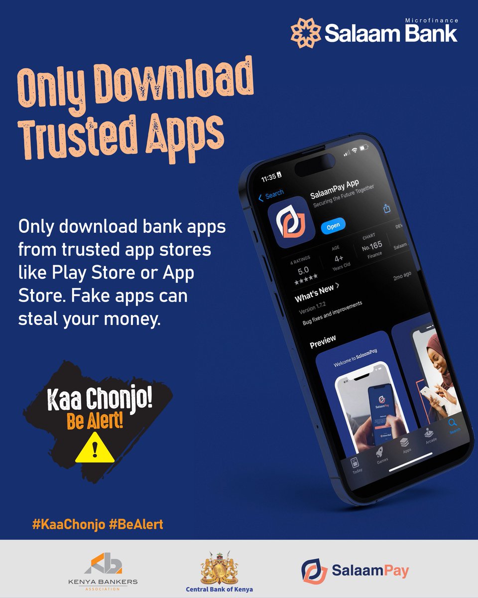 SalaamMFB's tweet photo. Only download bank apps from trusted app stores like Play Store or App Store. Fake apps can steal your money.   #KaaChonjo #Salaam #IslamicBanking https://t.co/Z1pXzi8IWO