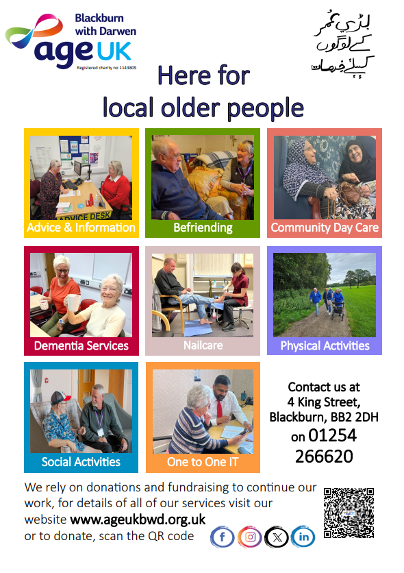 Age UK believe that ageing doesn’t have to mean living with frailty—movement is your  secret weapon to staying strong. There are many physical activities that have been set up within Blackburn with Darwen to help support older people being physical.