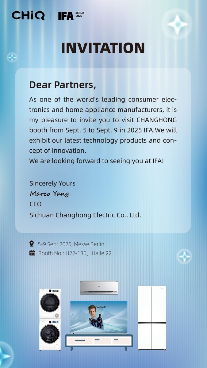 GlobalCHiQ's tweet image. CHiQ is back at IFA 2025 in Berlin! 🌍
From Sept 5–9, find us at Booth H22-135, Hall 22
Come explore smart home innovations that blend technology, style, and intelligence. See you there! 💡✨

#CHiQ #IFA2025 #SmartWithStyle #AILifeHome