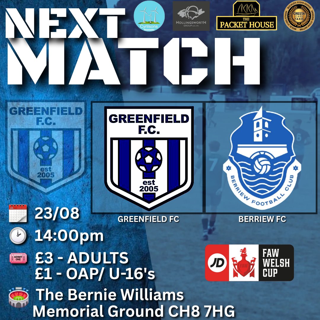 🔵⚽️ JD WELSH CUP ⚽️🔵

<a href="/Greenfieldfc/">Greenfield FC</a> host Berriew Football Club this weekend in the 2nd Qualifying round, The team will be looking to put in a performance and book a place in the First round proper,
Come down and support your local team 
❗️ NEW ENTRY FEE IS IN EFFECT❗️