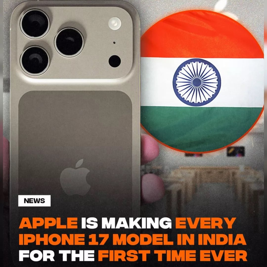 erry1506's tweet photo. Kwa mara ya kwanza katika historia, kampuni ya teknolojia ya Marekani, Apple Inc, imefanya maamuzi ya kuzalisha modeli zote nne za iPhone 17 nchini India, hatua inayolenga kupunguza gharama kubwa za kodi za uagizaji (tariffs) zilizowekwa na Rais Donald Trump kwa bidhaa zote https://t.co/Qp0brUBpar