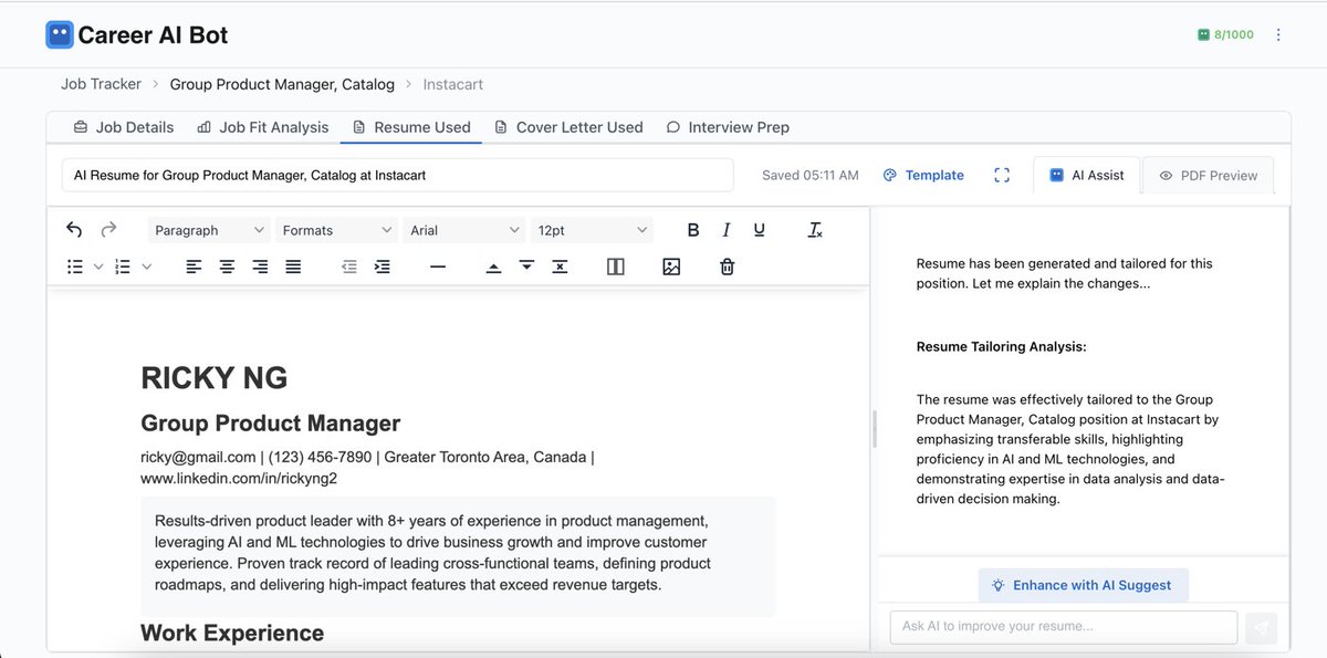RickyZeroToOne's tweet photo. On the 3rd day before launch, Career AI Bot gave to me... 3 clicks to apply with tailored resume and cover letter!   

🚀 AI generates personalized applications instantly for any job. #3DaysOfCareerAI #QuickApply"

https://t.co/TwcuhpUQmh https://t.co/mKKtAnxMNs