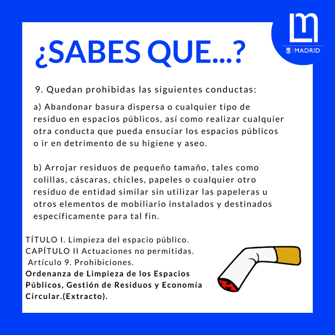 Lineamadrid's tweet photo. ¿Sabes que...? 🗑
«[...] Quedan prohibidas las siguientes conductas: 
b) Arrojar residuos de pequeño tamaño, tales como colillas, cáscaras, chicles, papeles o cualquier otro residuo de entidad similar [...]» 👉 https://t.co/AxWqhssJxF
#Ordenanza📢 https://t.co/U14RAMmWhX