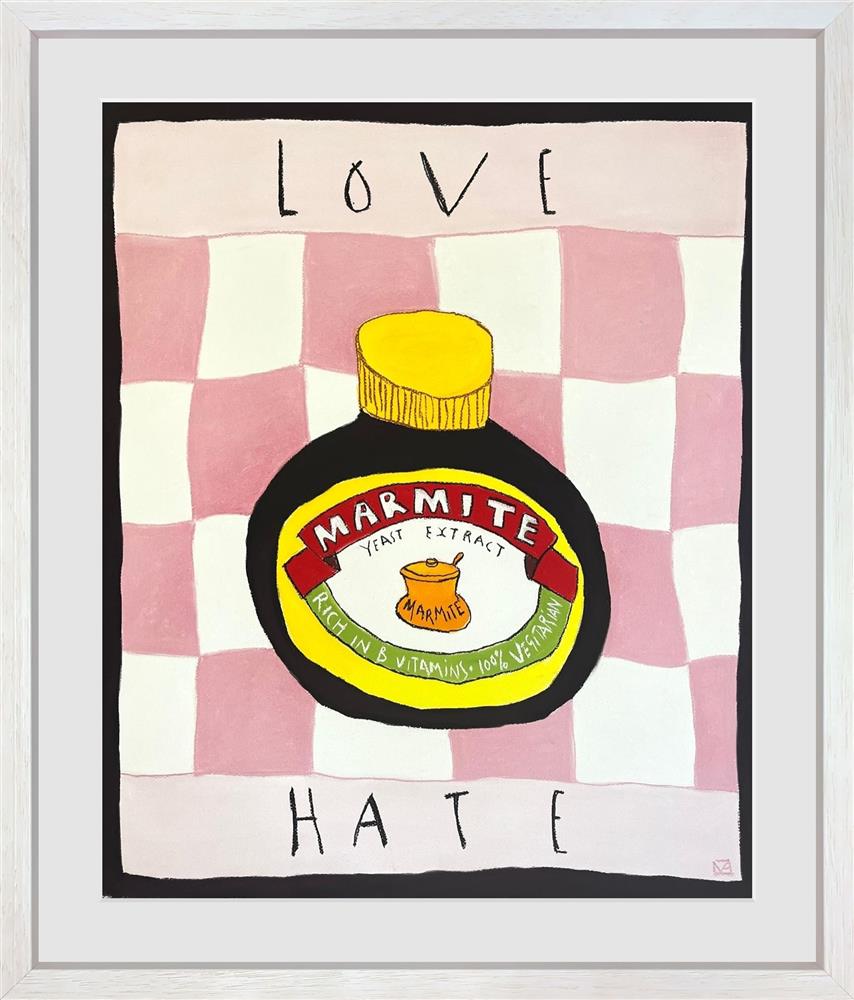 "Love or Hate – Original" by Michael Abrams 🎨
 myperfectart.co.uk/michael-abrams…
No middle ground with Marmite—or this bold British pop art! Pink checks, “LOVE or HATE,” instant conversation starter.
Framed &amp; available now.
DM or call 020 8530 6900