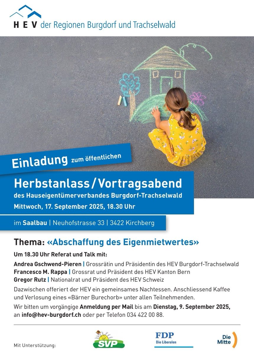 Die Mitte Emmental empfiehlt ein "Ja" zur Abschaffung des Eigenmietwertes bei der Eidg. Abstimmung vom 28. September.