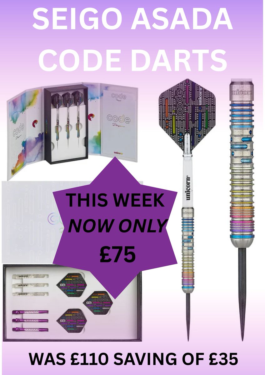 🎯 SEIGO ASADA CODE DARTS SALE 🎯

🔥 This Week Only! 🔥
NOW JUST £75 (was £110) – Save £35!
Don’t miss your chance to own these stunning Code Darts, designed for precision and performance. Perfect for players who want that extra edge on the oche.

✨ Limited Time Offer – Grab