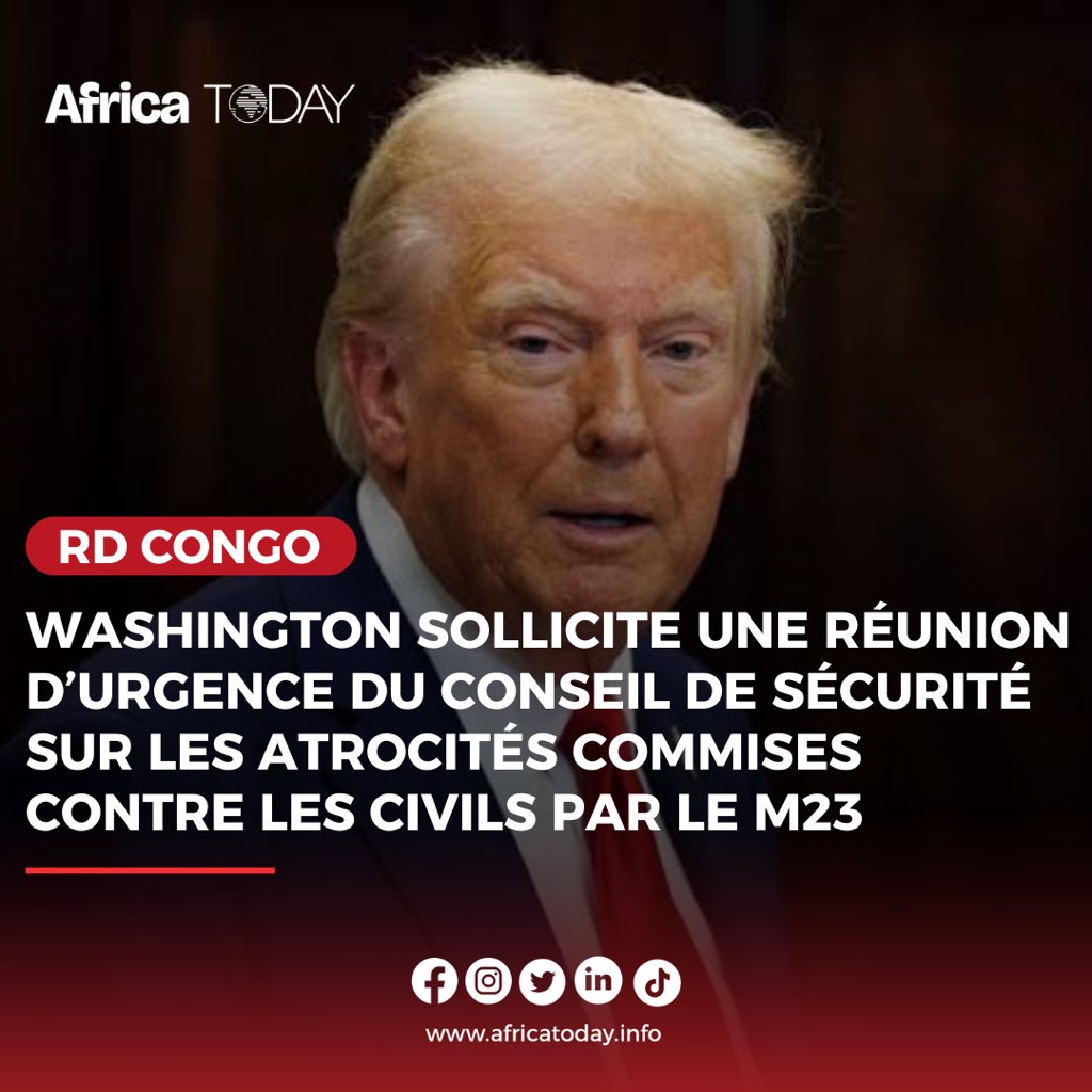 africatoday_off's tweet photo. #RDC 🇨🇩 : Les États-Unis ont réclamé une réunion d’urgence du Conseil de sécurité de l’ONU sur la RDC, dénonçant les violences de l’AFC/M23 contre les civils.
👉🏾 : https://t.co/nMhGYqjr0L
#africatoday #rdc #whashington #politics #afrique #info https://t.co/aY8GxG2mcv