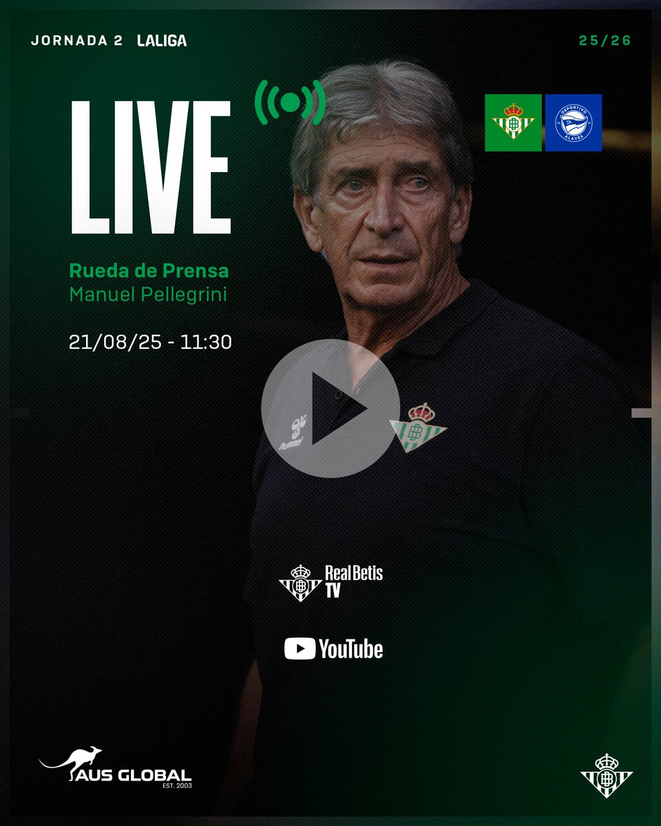 🚨🚨🚨

¡Sigue en 𝐃𝐈𝐑𝐄𝐂𝐓𝐎 a las 11:30h la rueda de prensa de Manuel Pellegrini previa al #RealBetisAlavés!

➡ youtube.com/watch?v=VBrwDW…