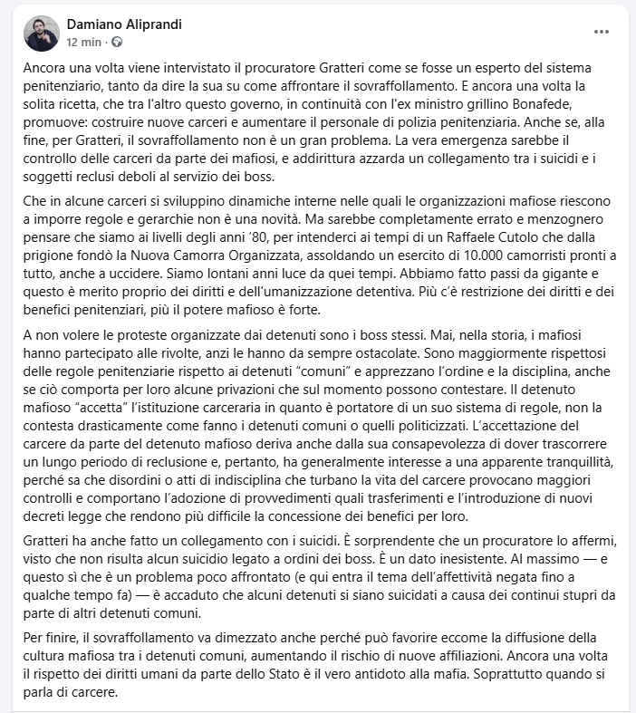 Ancora una volta Gratteri viene sentito per dire la sua sul sistema penitenziario. In questo post tento di spiegare brevemente alcune cose, a partire dalla bufala sul nesso sucidi e controllo mafioso delle carceri...