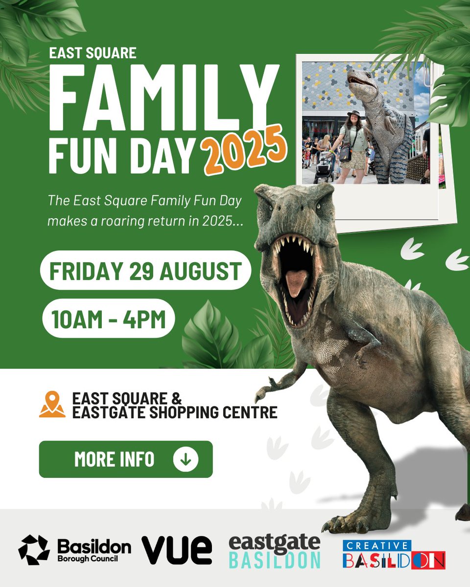 Family Fun Day 2025 is BACK! 🦖

📅 Friday 29 August | ⏰ 10am–4pm
📍 East Square &amp; inside Eastgate
💸 Free Event

Expect dinosaurs, workshops, entertainment, photo ops, and plenty of family fun… all for FREE!

👉 Find all the details here: basildon.gov.uk/family-fun-day