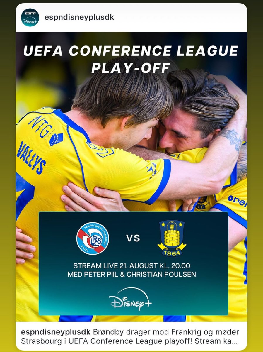 Peter Piil (@piilsport) on Twitter photo Har fornøjelsen af at kommentere <a href="/BrondbyIF/">Brøndby IF</a> i <a href="/Conf_League/">UEFA Conference League</a> play-off mod <a href="/RCSA/">Racing Club de Strasbourg Alsace</a> i Strasbourg. Det er på <a href="/DisneyPlus/">Disney+</a> med kick off kl 20. #dkmedier #dkbold Har fornøjelsen af at kommentere <a href="/BrondbyIF/">Brøndby IF</a> i <a href="/Conf_League/">UEFA Conference League</a> play-off mod <a href="/RCSA/">Racing Club de Strasbourg Alsace</a> i Strasbourg. Det er på <a href="/DisneyPlus/">Disney+</a> med kick off kl 20. #dkmedier #dkbold