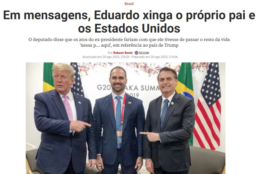 Sério que a estratégia da imprensa "profissional" e do regime é divulgar mensagens pinçadas para tentar desgastar o Eduardo e o Jair Bolsonaro ao mesmo tempo em que ignoram a várzea que virou a utilização da PF contra adversários políticos.
- Porque se for isso... meu Deus. Vocês