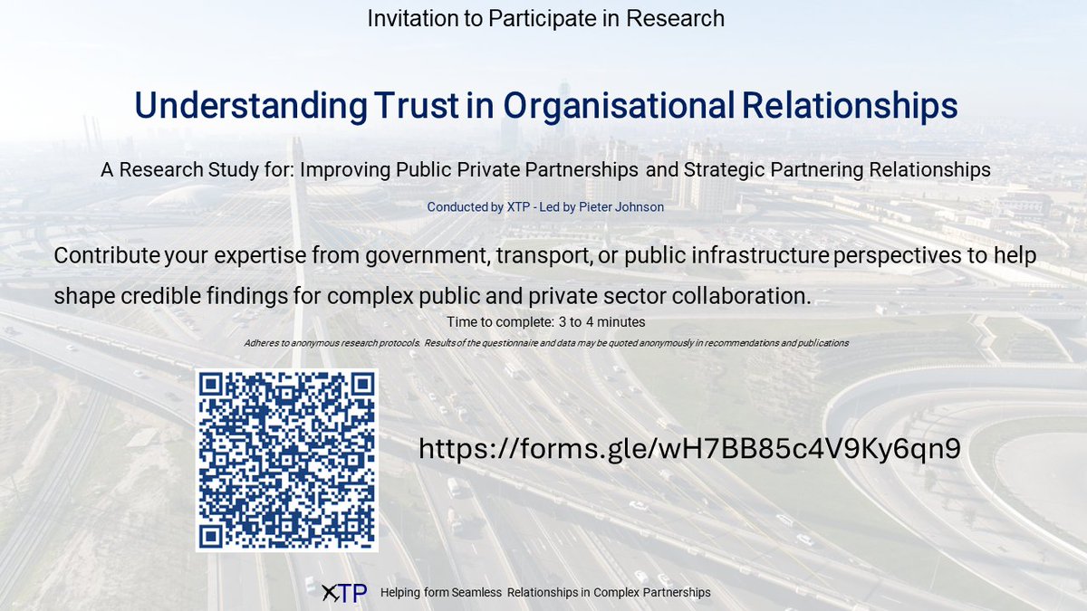 Invitation to participate in this research programme on Understanding Trust in Organisational Relationships. It takes 3-4 mins. We are keen to explore your experiences operating within the public infrastructure environments &amp; complex partnerships.
lnkd.in/eSHi7FZ4