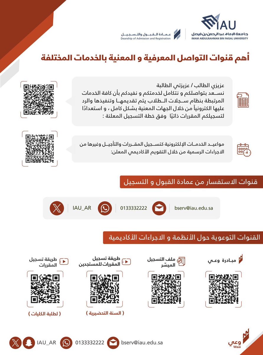 🔹استعدادًا لتسجيل الطلبة ذاتيًا نشارككم قنوات التواصل المعنية  باستفسارات الاجراءات الأكاديمية

#مبادرة_وعي
#عمادة_القبول_والتسجيل
#جامعة_الإمام_عبدالرحمن_بن_فيصل
