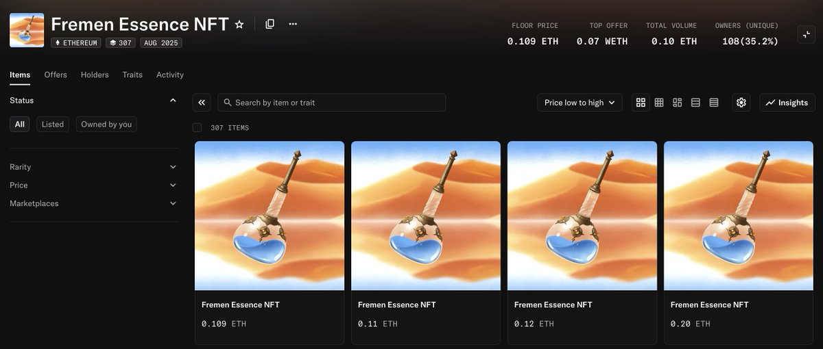 この後19時からGAIB(<a href="/gaib_ai/">GAIB 🟠 | RWAiFi</a>)のFremen Essence NFTのmintがFCFSで始まる。

現時点でFPが0.1ETHだからそんなめっちゃ強いわけではないと思ってたけど、0.1ETHって今500ドルちょいやからちょい感覚がおかしくなるw

貰えるもんは貰いたいからmintできることを願うw
opensea.io/collection/fre…