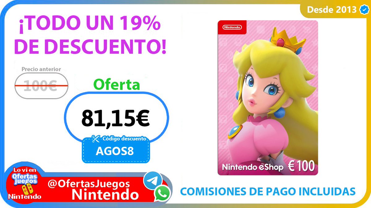 💚100€ de saldo eShop  
BAJONAZO SUPREMO a solo 81,15€ con comisiones de pago incluidas ¡MÁS DE UN 16% DE DESCUENTO!
✂️ Usa el código descuento
AGOS8

⛴ ojueg.es/uiwmC

✅️Con el mismo código, los 50€ te salen a solo 41,30€
⛴ ojueg.es/WxdkH
✅️Y los 25€