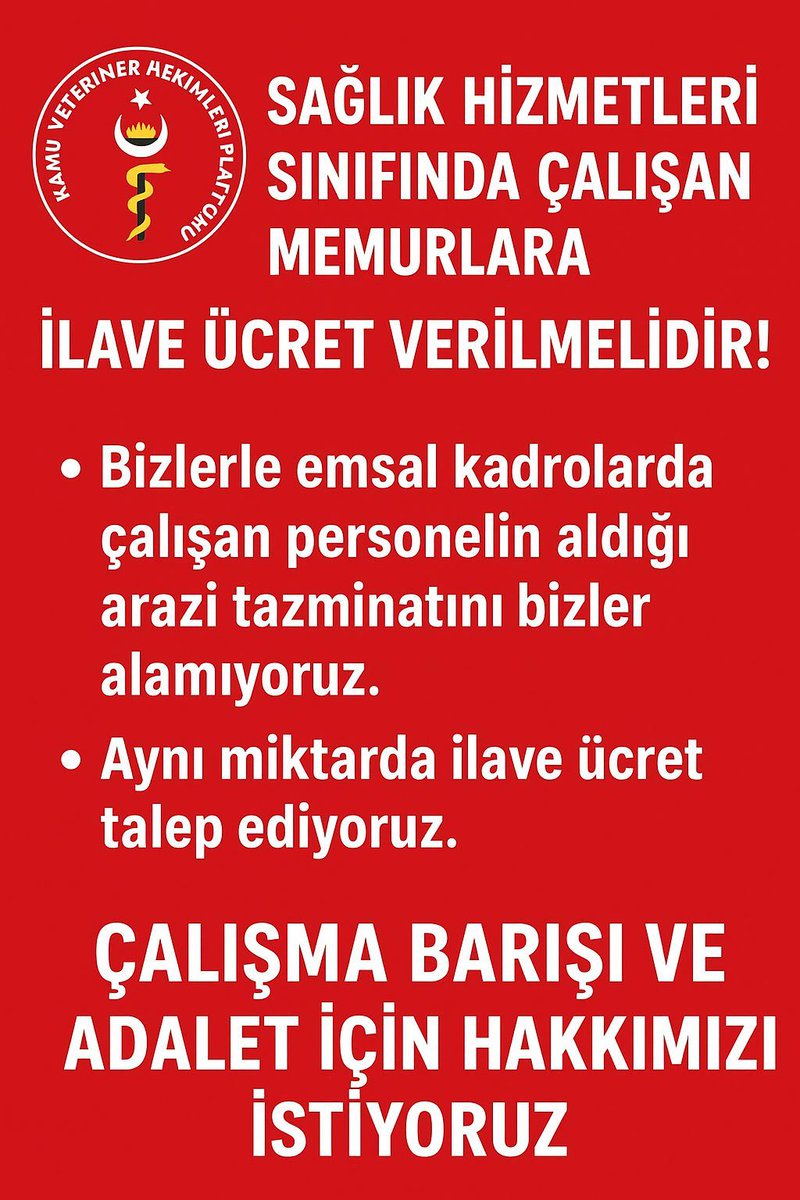 <a href="/huseyinozturk_1/">Hüseyin ÖZTÜRK 🇹🇷</a> <a href="/TocBirSenGM/">TOÇ BİR-SEN</a> <a href="/MemurSenKonf/">Memur-Sen</a> <a href="/_aliyalcin_/">Ali YALÇIN</a> 
Hakem heyeti sürecinde Veteriner Hekimlere arazi tazminatı verilmesini talep ediyoruz. Beraber görev yaptığımız teknik hizmetler sınıfındaki personel ile adaletli ödeme yapılması için desteklerinizi bekliyoruz.