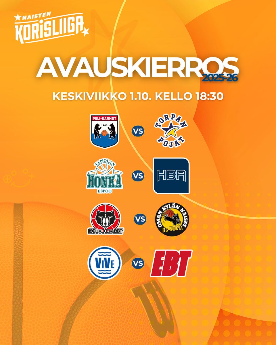 ‼️ Naisten Korisliiga-kausi 2025–26 | Avauskierros ‼️

Naisten Korisliiga starttaa keskiviikkona 1. lokakuuta ja heti avausillassa parketeilla nähdään neljä kamppailua. Tampereen Pyrintö avaa kautensa vieraskentällä lauantaina 4.10.

🌐korisliiga.fi/naiset