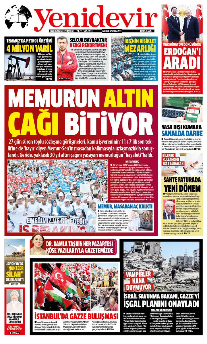 Yenidevir Gazetesi 21 Ağustos 2025 Manşeti