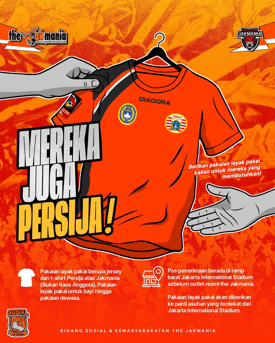 InfokomJakmania's tweet photo. Mereka Juga Persija!

Donasikan pakaian layak pakai berupa:
- Jersey & t-shirt Persija atau Jakmania (bukan kaos anggota)
- Pakaian untuk bayi hingga dewasa. 

📍 Titik penerimaan: Ramp Barat Jakarta International Stadium (sebelum outlet resmi Jakmania)

Semua pakaian yang terkumpul akan disalurkan ke panti asuhan terdekat dari JIS.
Bukan sekadar berbagi pakaian, tapi juga menyebarkan semangat Persija untuk mereka yang membutuhkan.

#InfokomJakmania
#PersijaSelamanya