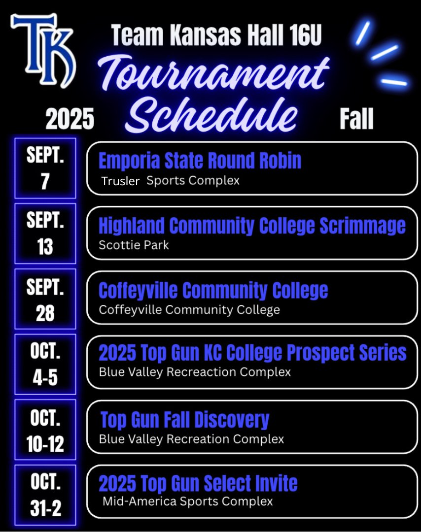 Team Kansas Hall 16U (@teamkansashall) on Twitter photo Schedule for the fall season. Let the games begin!💪🏼🥎 Schedule for the fall season. Let the games begin!💪🏼🥎