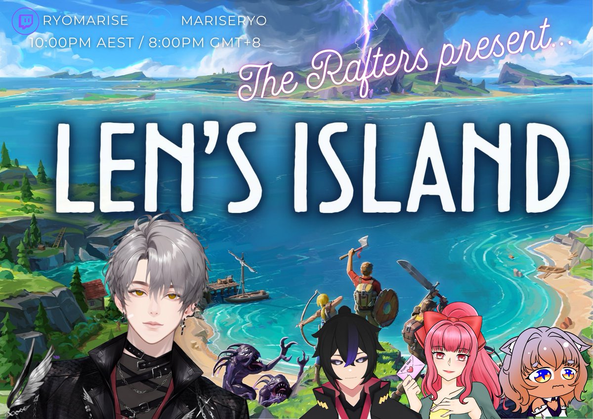 🔴LIVE🔴

The Rafters are back in Len's Island tonight with our friend <a href="/AstraAmartia/">Astra Amartia⏳🌠 (Busy IRL)</a>! We're gonna do more exploring as we settle in our new island home~ 😊

[twitch.tv/ryomarise]

#Vtuber #Vtubers #VTuberUprising #VtubersUprising #ENVtuber #ENVtubers