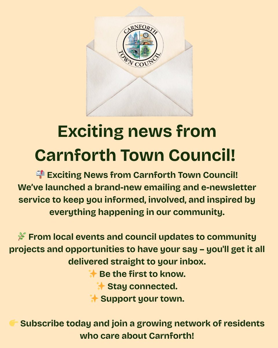 📬 Big news from Carnforth Town Council!

We’ve launched a new email &amp; e-newsletter service to keep you updated on local events, council news, and ways to get involved. 💌

✨ Be the first to know. Stay connected. Support your town.

👉 Subscribe: eepurl.com/jeE_6I