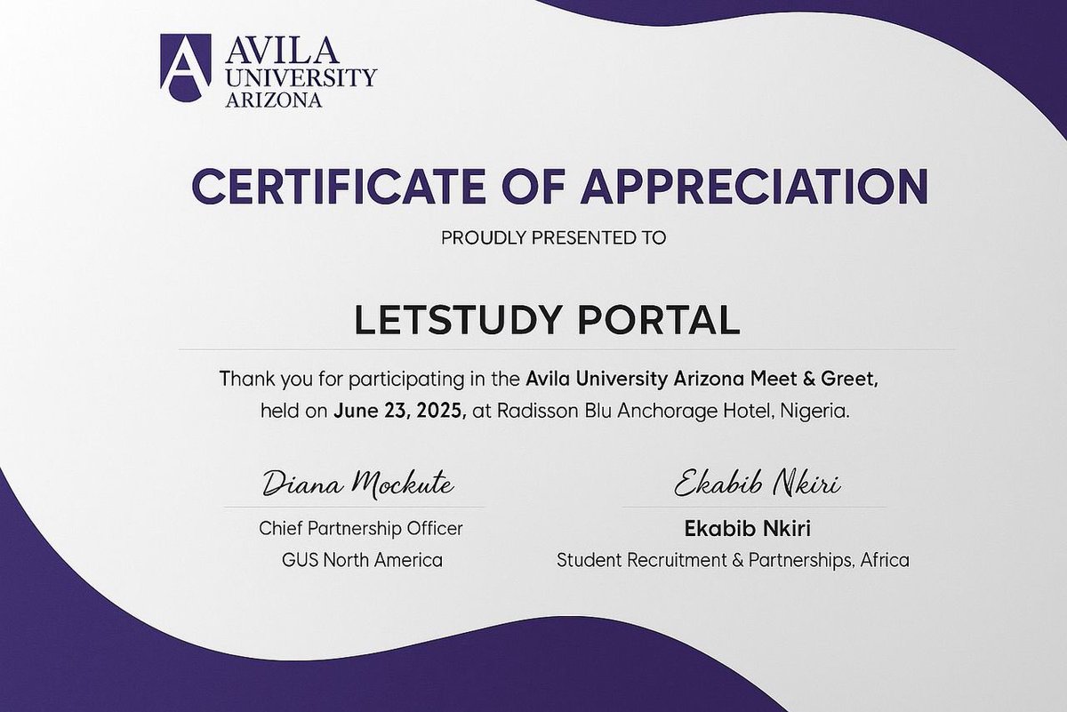 letstudy_portal's tweet photo. Proud Moment for Let’s Study Portal
We are honored to receive this Certificate of Appreciation from Avila University Arizona for our participation in the Meet &amp; Greet held at Radisson Blu Anchorage Hotel. https://t.co/3fN0IViilg