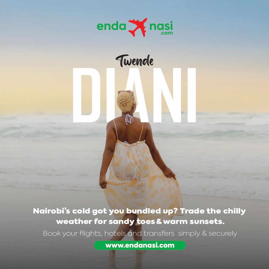 endanasi's tweet photo. 🥶 Nairobi’s cold got you bundled up?
Diani is calling. The sun sand, and warmth is just a flight away.

With Enda Nasi, booking your ticket and hotels is as easy as a click. 
No stress, no hassle… just you trading sweaters for swimsuits. 

All under one roof 

📲 Book now: https://t.co/LT1sAJtyP8 | ☎ 0112711711

#EndaNasiToTheWorld #MagicalKenya #BucketlistDestination #BookingMadeEasy #TembeaKenya #TourismKE  #EndaNasiToTheWorld #FlyKQ #JamboJet #SafariLink
