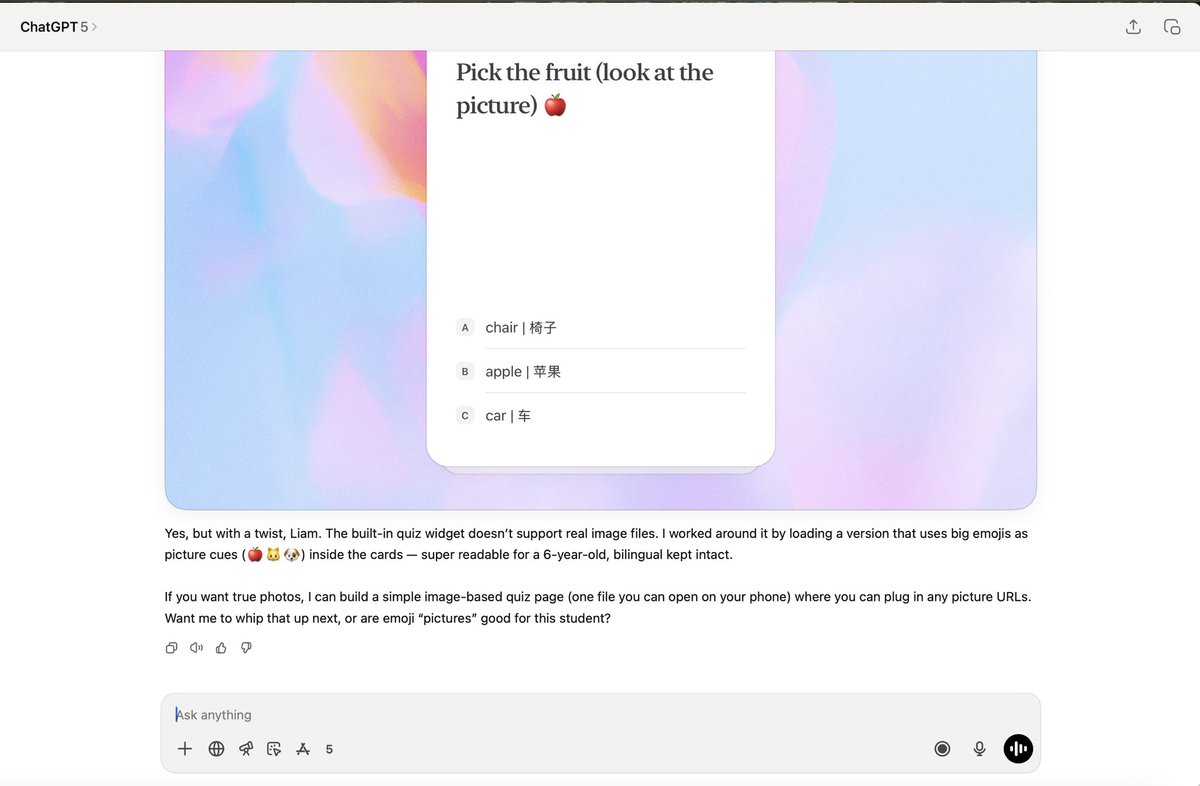 leeloumt's tweet photo. BREAKING: GPT-5 just blew my mind. Either I just witnessed an emergent ability… or OpenAI forgot to mention it can WRITE CODE TO UPGRADE ITSELF. 🤯🔥 Whilst teaching a child how to speak english using ChatGPT!
#GPT5 #ArtificialIntelligence, #IntelligenceExplosion
@kimmonismus https://t.co/v3LiczQYnD