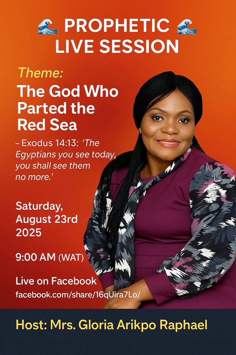 Gloria_rapheala's tweet image. The God who parted the Red Sea is turning things around! 🚨
🗓️ Aug 23, 2025 | ⏰ 9AM (WAT)
📍 Join me LIVE on Facebook 👉 facebook.com/share/16qUira7…

#PropheticPrayers #Faith #BreakingLimits