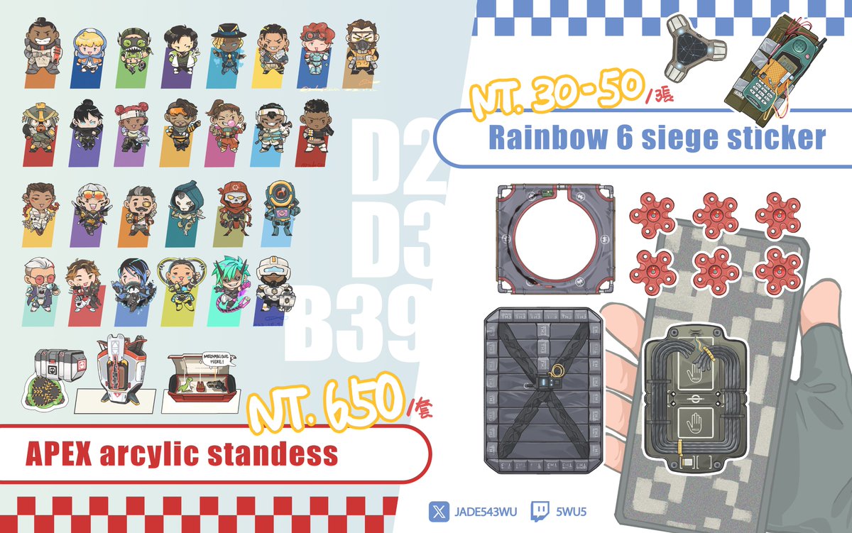 【#FF45 新品 / #擴散希望 】  
✨【FF45】 8.23~8.24 (六日) 
✨攤位「B39 - 狗狗集會」  
新品 《 R6 道具轉印貼 》《 APEX全角色小立牌 》
這次跟昂勒一起第一次參加FF!!昂勒那裏有狗狗吊飾!歡迎大家來找我們玩!