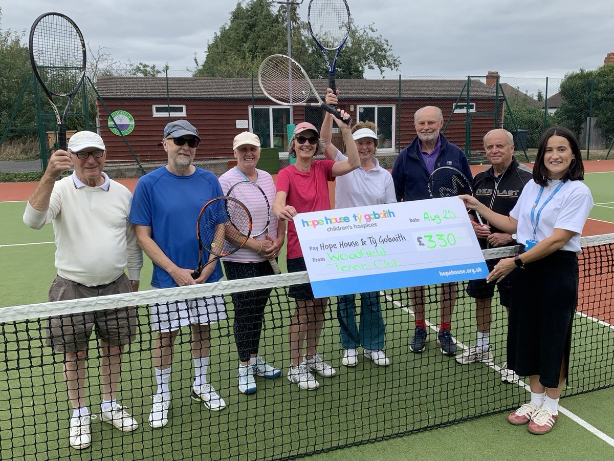 Wimbledon sweepstake proceeds held at Woodfield Tennis Club, Shrewsbury, presented to Harriet Richards of Hope House Children’s Hospice.