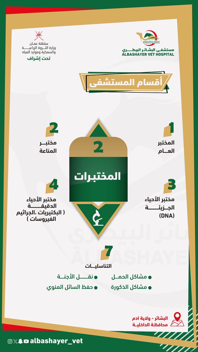 أقسام مستشفى البشائر البيطري 
(المختبرات)
1- المختبر العام
2- مختبر المناعة
3- مختبر الأحياء الجزئية (DNA)
4- مختبر الأحياء الدقيقة
5- التناسليات