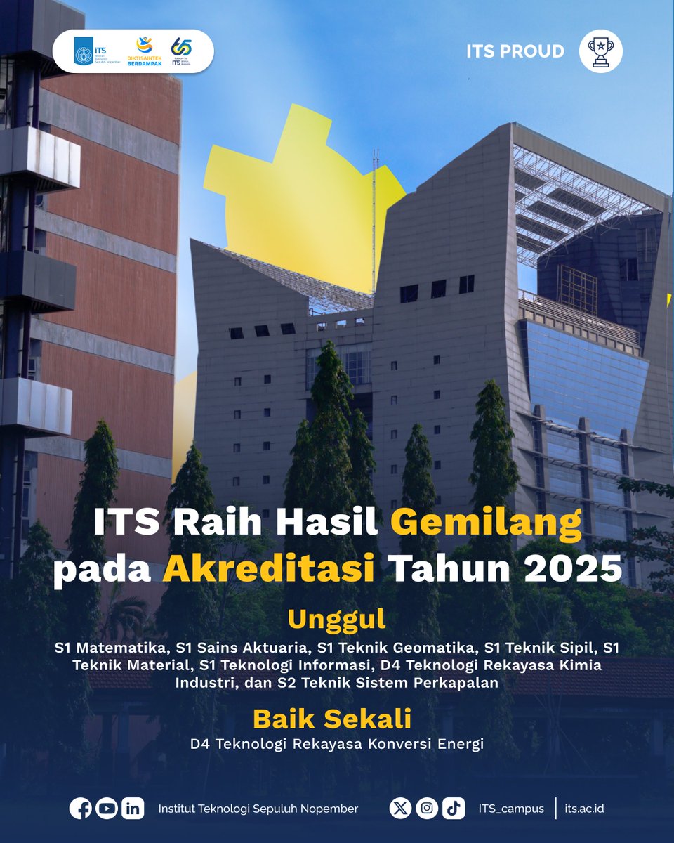 its_campus's tweet photo. #ITSProud
Institut Teknologi Sepuluh Nopember (ITS) kembali mencatatkan prestasi membanggakan pada Akreditasi Batch 2 Tahun 2025. https://t.co/rW2aBo0tx3