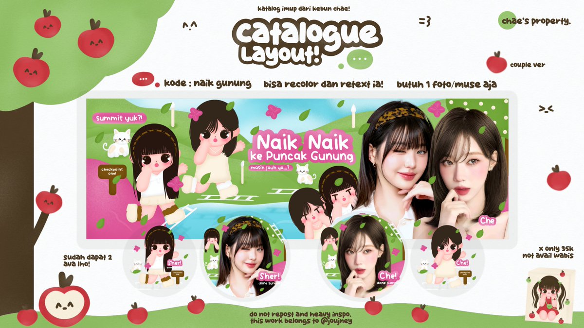 joujney's tweet photo. ︩🌳 sudah summit belum hari ini? ^—^ help rt iaa

H🅰️Lo! Chae sudah open titipan untuk katalog baru "Naik Gunung" ada versi single (x dan wabis) dan juga versi couple ;3 cocok banget buat kalian yang suka main rosbloks 🍃 CEK ALT &amp; SCROLL kalau mau ikutan! tia Ꮺ #zonauang https://t.co/nH2NqY3xhB