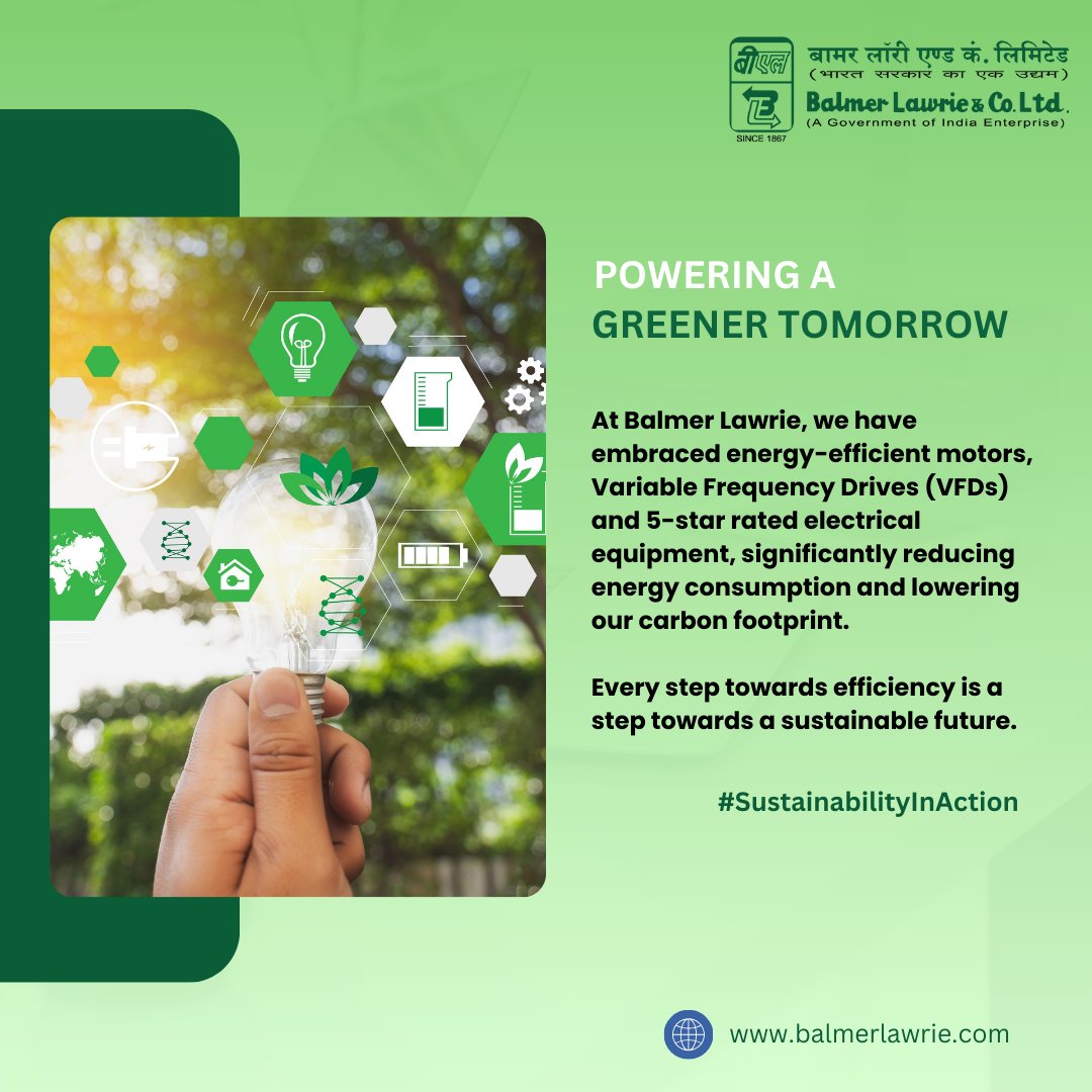 Balmer_Lawrie's tweet image. At Balmer Lawrie, we are committed to powering a greener tomorrow by adopting energy-efficient motors, VFDs and 5-star rated equipment — reducing energy consumption and lowering our carbon footprint. 
#SustainabilityInAction #GreenerTomorrow #BalmerLawrie