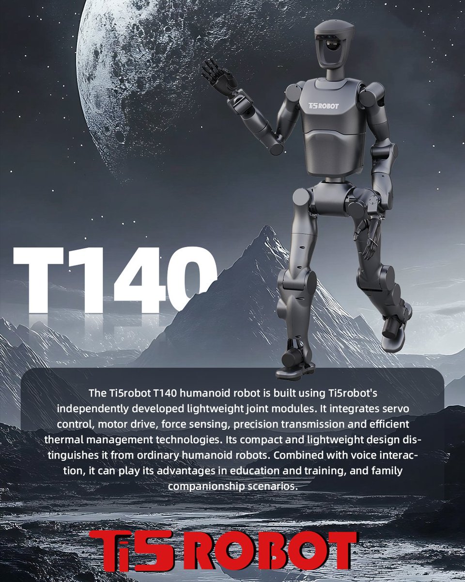 Ti5robot001's tweet photo. 🤖The Ti5robot T140 humanoid robot, built with lightweight joint modules, integrates servo control, force sensing, and efficient thermal management. With its compact design and voice interaction, it shines in education, training, and family companionship.
#Ti5robot #HumanoidRobot https://t.co/AhlbiEJcCd