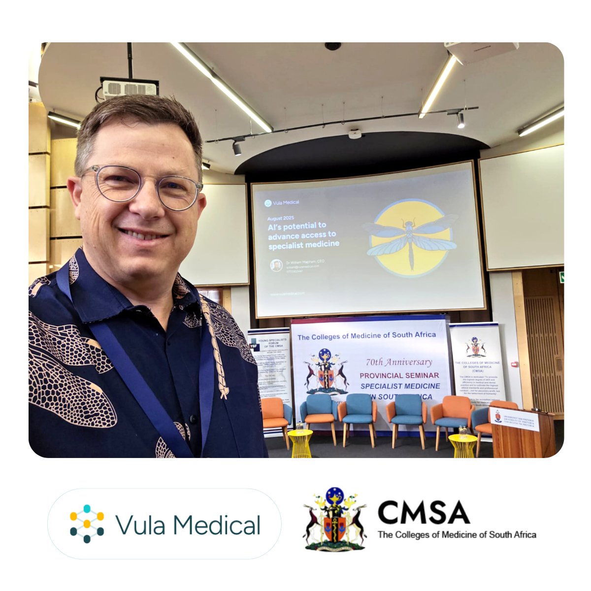VulaMedical's tweet image. Message from our CEO Dr Mapham "Thank you to the CMSA for inviting me to their 70th Anniversary titled "Specialist Medicine in South Africa". I presented Vula Medical in the context of AI's potential to advance access to specialist medicine."
#healthcare #AI #Specialist