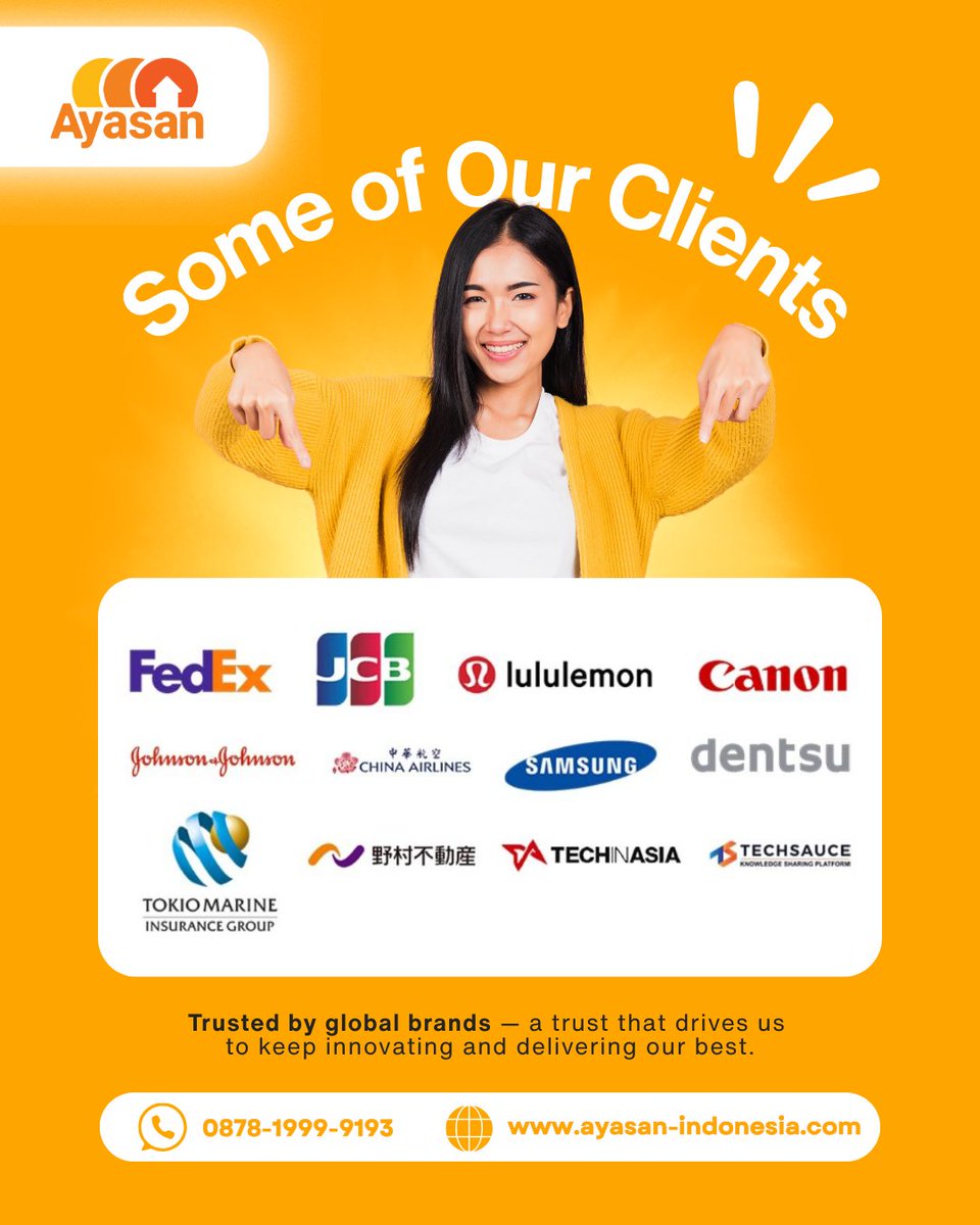 AyasanIndonesia's tweet image. So proud to be trusted by leading global brands! 🙌
Their trust keeps us motivated to keep innovating and delivering our best 💯

Book or ask us anything now:
📱 WhatsApp: +62 878-1999-9193
🌐 ayasan-indonesia.com #clients #trustedcompany #premiummaidservice