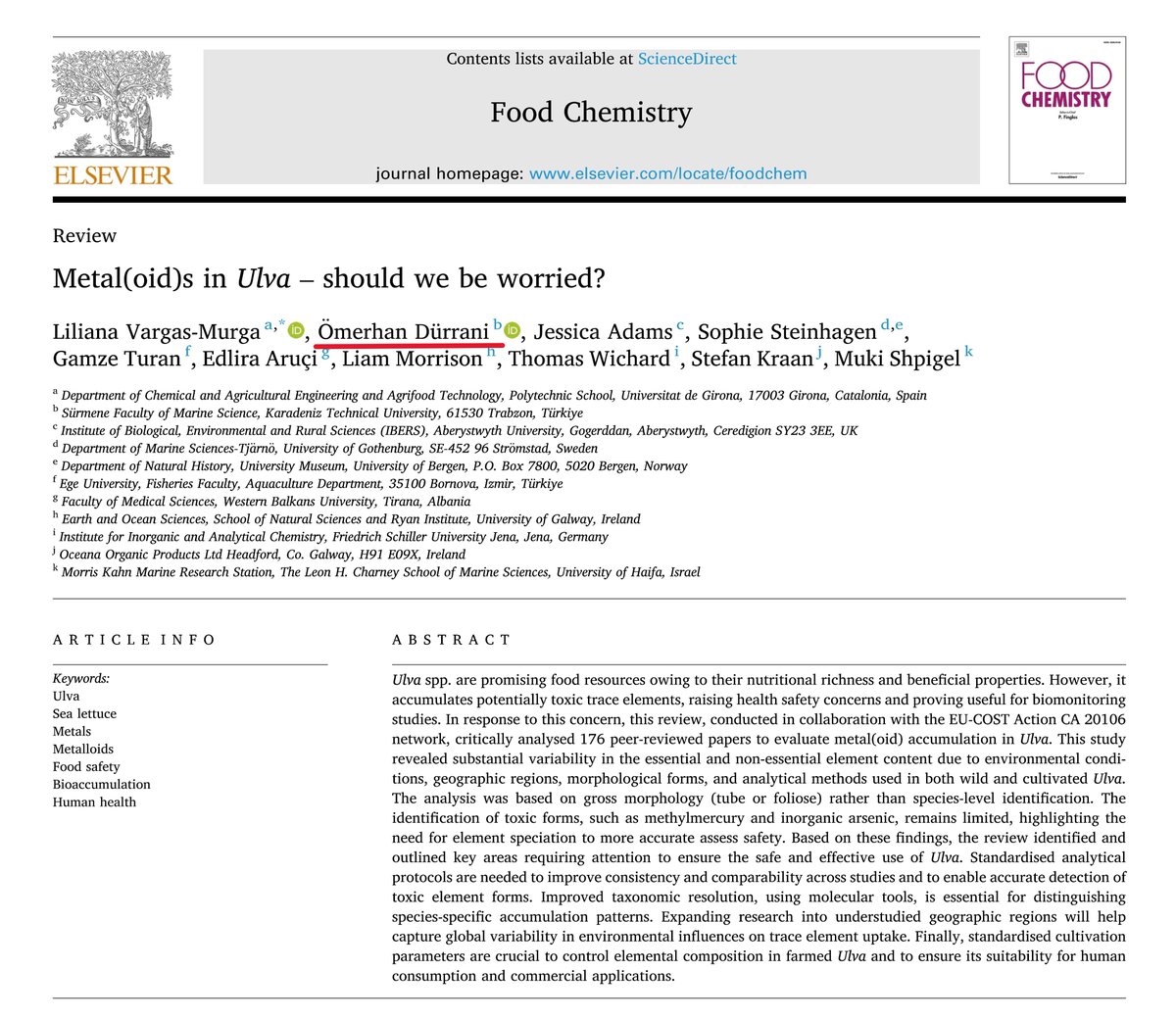 [My 8th publication of 2025 – Q1 journal, Impact Factor: 9.8]

Pleased to share that our comprehensive review paper, conducted under the framework of the CA20106 – <a href="/SeaWheatCOST/">Seawheat - COST Action</a>, has been published today in Food Chemistry.

📖doi.org/10.1016/j.food…