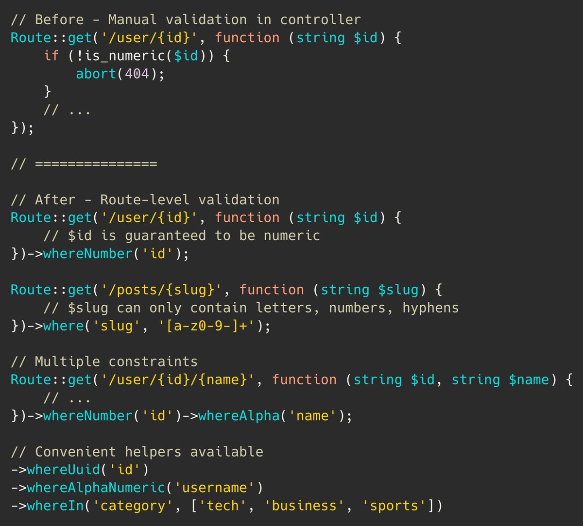 PovilasKorop's tweet image. Laravel tip.
Need to validate route parameters format?
Use `where()` constraints with regex patterns or helper methods to ensure clean URLs and prevent invalid data from reaching your controllers.
Link to the docs: laravel.com/docs/12.x/rout…
#practicalLaravelDocs