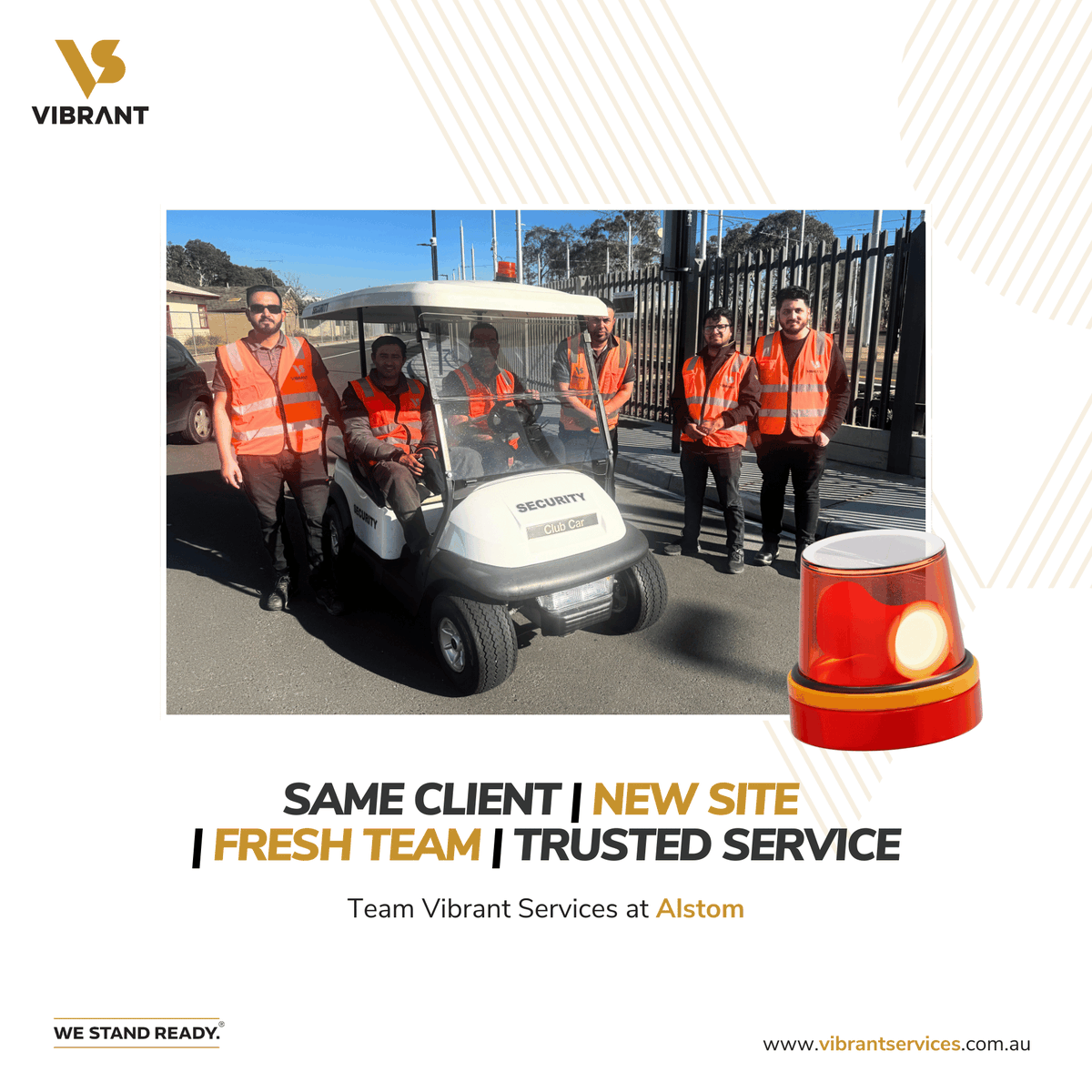 Another proud moment to have our Vibrant Security Team deployed at our new Alstom site. Keeping the grounds safe, secure, and running smoothly alongside our new golf cart ready services our clients and visitors needs. 🦺

🌐 hubs.la/Q03DP1QR0

#VIBRANT #Alstom #WeStandReady